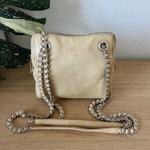 Vintage Prada Chain Shoulder Bag Leather Beige Authentic